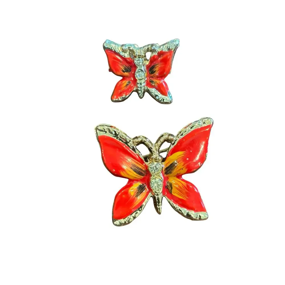 Vintage Red Enamel Butterfly Brooch Set Rhinestone Gold Tone Mother Daughter
